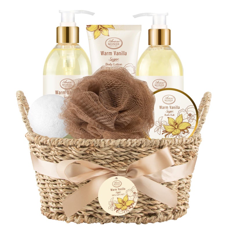 ArioseMonde Bath and Body Warm Vanilla Sugar Spa Gifts for Women, with Shower Gel, Bubble Bath, Body Lotion, Bath Bomb, Bath Salt, Spa Basket Gift Set for Women, 7pcs Set Gifts - Image 1